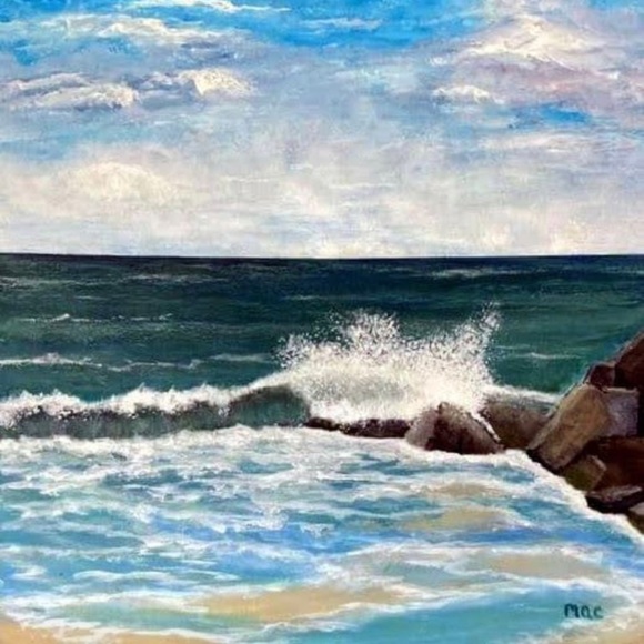 “Splashing Waves" Blue and White Ocean Wave Painting by mac Size 20 X 20 - Picture 1 of 4